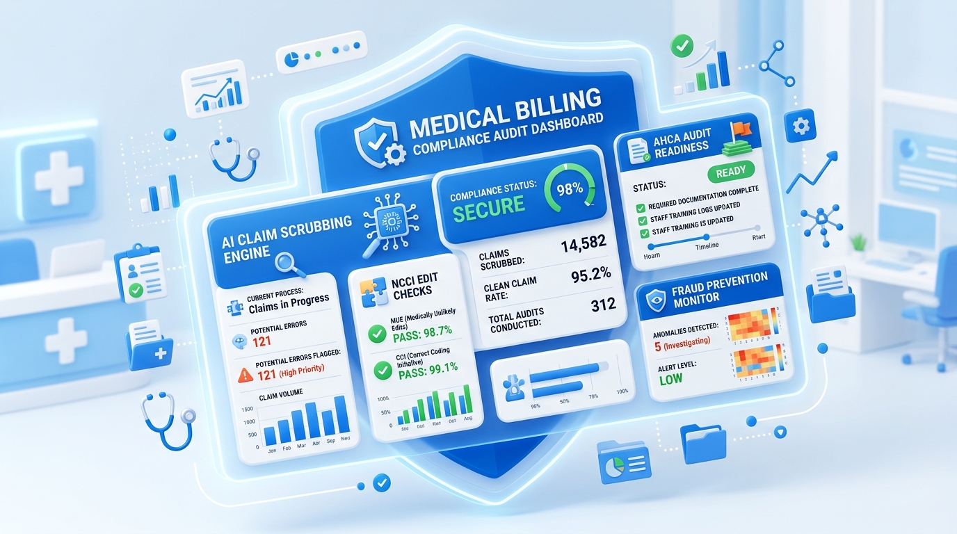 Medical billing compliance audit dashboard with AI claim scrubbing engine and NCCI edit checks