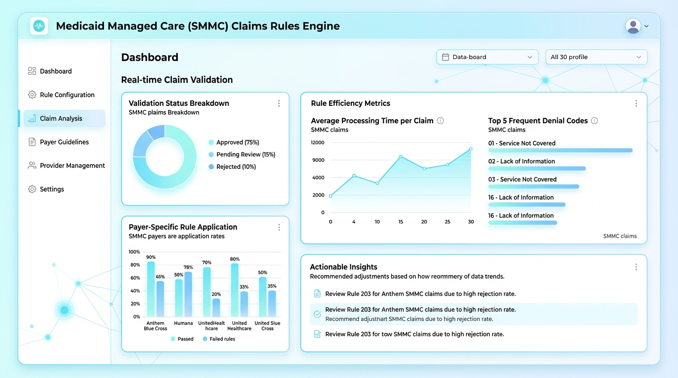 Medicaid Managed Care SMMC claims rules engine and payer specific validation dashboard